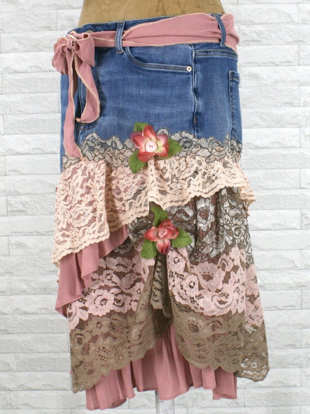 HAND CRAFTED Skirt Denim Blue Jean Upcycled Lace Floral Ruffle Midi Pink 10 - Picture 2 of 15